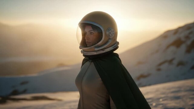 Female astronaut in a retro helmet explores a snowy alien planet at sunrise. Cinematic portrait of a space explorer on a futuristic mission of discovery and adventure - Powered by Adobe