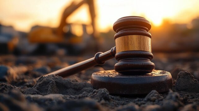 wooden judge gavel on sound block resting in soil at sunset with blurred excavator in the background, evoking tension and judgment over land development