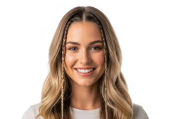 Closeup portrait of a beautiful young woman with long wavy hair smiling isolated on transparent background studio shot of a pretty girl