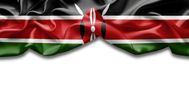 The national flag of Kenya with a glossy, satin texture, waving against a clean white background for copy space. - Powered by Adobe