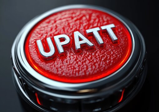 Close-up of a glossy red metallic push button with chrome rim and raised embossed letters reading UPATT, dramatic urgent lighting conveying alertness - Powered by Adobe