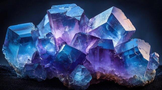 vibrant blue and purple cubic crystal cluster on dark background, luminous translucent mineral with sharp geometric facets, sparkling and mesmerizing