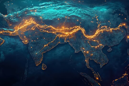 Futuristic glowing digital network tracing bright golden data pathways across a stylized illuminated map of Asia with teal city nodes, conveying dynamic connectivity and awe - Powered by Adobe