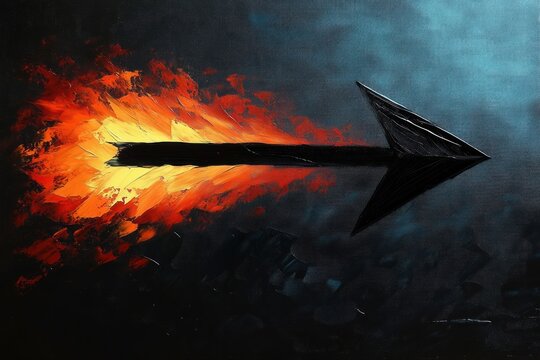 black arrow with blazing orange and yellow flame trail on dark teal textured canvas conveying intense speed and powerful forward motion