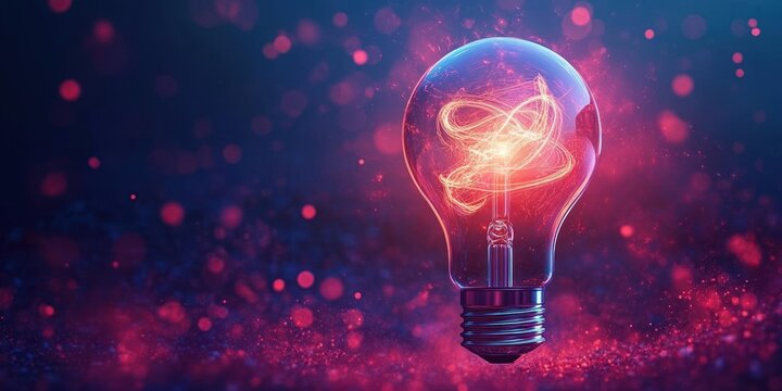 Glowing glass light bulb with a swirling neon filament, sparkling particles and pink blue bokeh background conveying vibrant inspiration