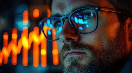 glasses reflection and glowing orange vertical data bars against dark bokeh background evoking a focused contemplative analytical mood