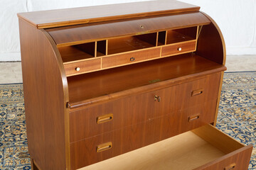 Mid-century roll top writing desk open cubbies drawer compartments wood