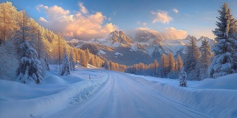 Snow-covered winding mountain road through sunlit pine forest at sunrise with golden clouds, a serene and peaceful winter panorama evoking quiet awe