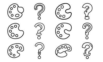 Paint Palette and Question Mark Line Icon Set – Artistic Drawing Tools, Creativity Symbols, Help Icons, Minimal Outline Style Graphic Pack for Design, Education, and Digital Illustration