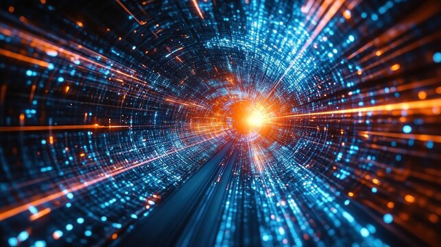 futuristic glowing tunnel of blue and orange digital lights and streaking particles converging on a bright core, conveying speed, energy and dynamic motion