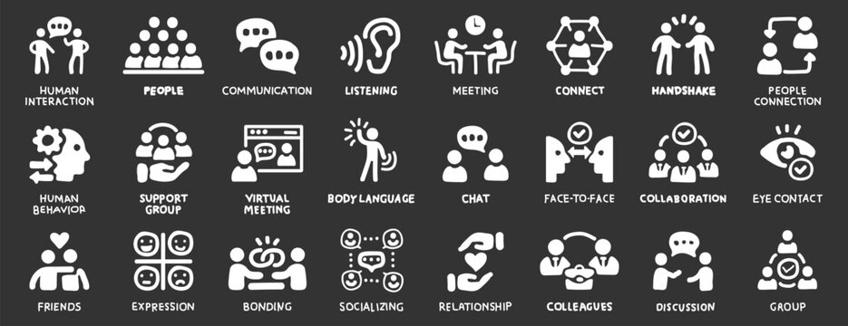 Hand drawing Human interaction icon set. Communication, people, connection, friends, chat, bonding, socializing, group, relationship and more. Solid vector icons collection. 