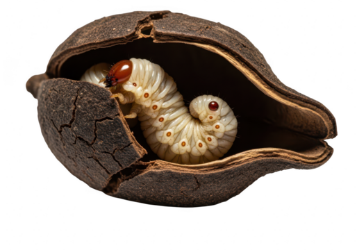 Pecan weevil larva inside a damaged pecan isolated on transparent background, showing the damage caused by the insect pest to the nut crop