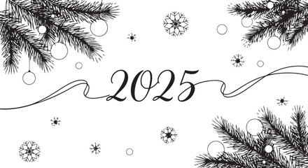 New Year 2025 illustration with fir branches and snowflakes