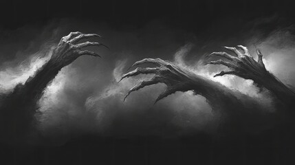 Eerie grasping hands emerge from smoky darkness