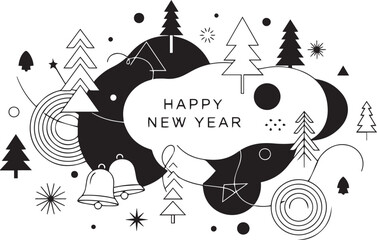 Happy New Year Abstract Black and White Vector Illustration
