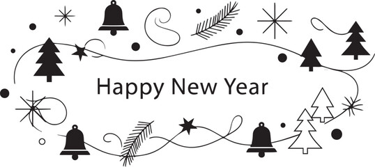 Happy New Year vector greeting card with bell, fir tree, star and swirl elements in doodle style. Festive design for holiday season.