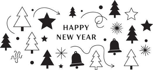 Happy New Year festive doodle pattern with trees, stars and bells