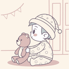 A charming illustration of a baby boy in pajamas and a nightcap, sitting and hugging his teddy bear, ready for a peaceful nights sleep in his cozy room