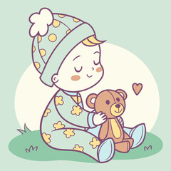 A delightful cartoon illustration of a baby boy in pajamas and a nightcap, sitting on the grass and hugging his teddy bear, surrounded by love and happiness