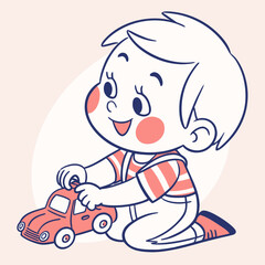 A cheerful little boy is playing with a toy car, his face lit up with joy and excitement, isolated on he is having a great time