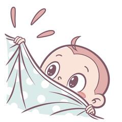 A cute baby peeks out from under a polka dot blanket, looking up with wide eyes, isolated on the illustration is simple and sweet