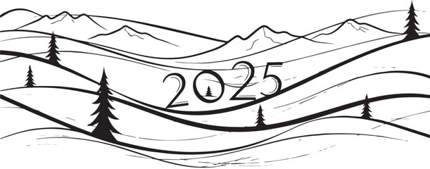 2025 New Year Illustration with Snowy Hills and Pine Trees in Black and White