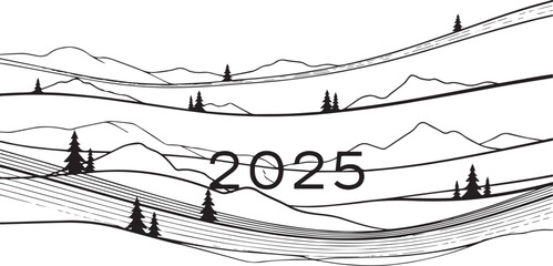 Graphic illustration of mountains and trees with the year 2025