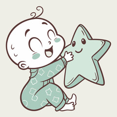 A cute baby is sitting and playing with a starshaped toy, wearing a blue pajamas with stars, isolated on the baby is smiling and happy