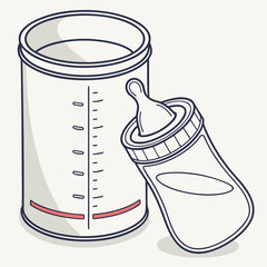 Illustration of a baby bottle and a container, isolated on the bottle is filled with liquid, and the container has measurement markings