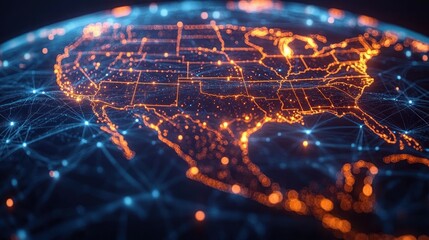Glowing digital map of North America lit by orange city lights and blue network nodes, a futuristic connected globe conveying dynamic energy and communication