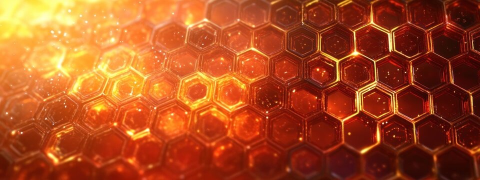 Glowing amber hexagonal honeycomb grid with reflective glass cells and floating light particles conveying warmth and energetic intensity