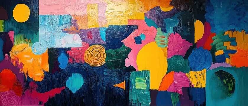 Vibrant abstract canvas with thick impasto brushstrokes, layered color blocks, bold circles, spiral and rectangles creating an energetic, playful composition