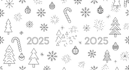2025 New Year's and Christmas themed pattern with simple line art illustrations