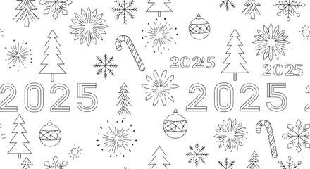 2025 New Year's Eve Outline Seamless Pattern Background