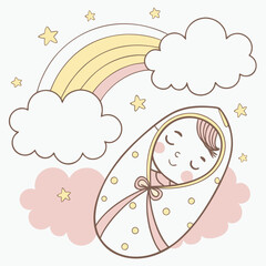 A delightful illustration of a sleeping baby swaddled in a cozy blanket, surrounded by clouds, stars, and a vibrant rainbow, isolated on