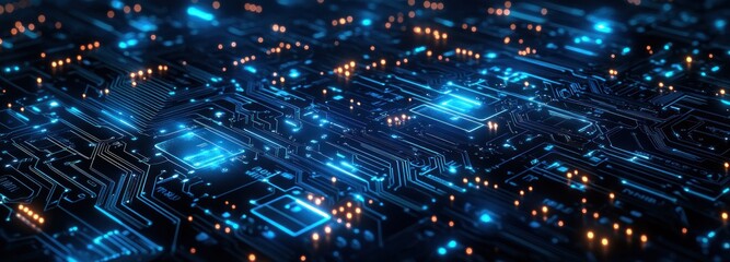 Close-up glowing circuit board with blue illuminated traces, microchips and orange indicator lights, intricate circuitry conveying futuristic energy and precision