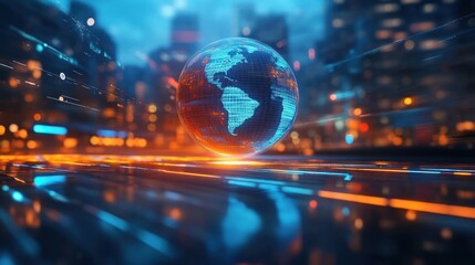 Holographic glowing earth floating above a reflective neon city grid with streaming data lines and vibrant blue and orange lights, futuristic and connected mood
