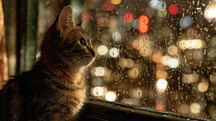 A cat looks up at the city lights through a rain-streaked window. High quality