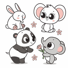 A charming illustration features a collection of cute animals including a rabbit, koala, panda, and elephant, isolated on