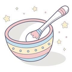 A delightful illustration presents a pastelcolored bowl with a spoon, adorned with stars, isolated on