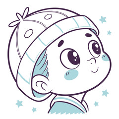 A delightful cartoon boy in a sailor hat looks up with wonder, his big eyes sparkling with curiosity, isolated on
