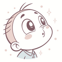 A charming cartoon baby gazes upwards with wideeyed wonder, his innocent expression capturing the magic of discovery, isolated on