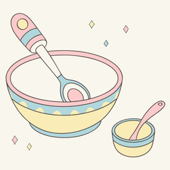 A charming illustration showcases a pastelcolored bowl with a spoon, accompanied by a smaller bowl and spoon, isolated on