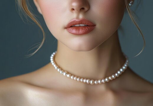 elegant female neck and shoulders wearing a single strand pearl choker with loose hair strands and soft lighting conveying refined calm and sophistication