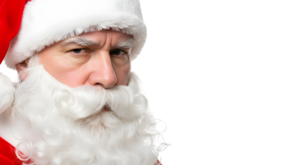 Closeup portrait of a stern santa claus with a white beard and a red hat