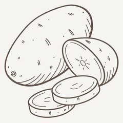 Hand drawn potato illustration isolated on showing a whole potato, a half potato and two potato slices in a simple line art style