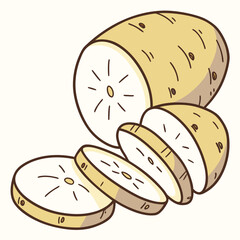 A delightful cartoon illustration isolated on featuring a sliced yam, showcasing its vibrant colors and inviting texture, perfect for culinary or educational purposes