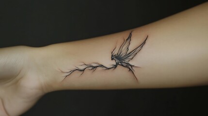 Detailed wing tattoo on forearm with artistic black ink
