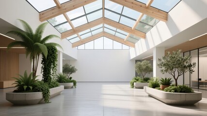 Fototapeta premium Modern atrium interior with skylight and lush indoor plants in natural daylight