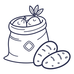 A charming line art illustration isolated on showcasing a sack overflowing with potatoes, accompanied by two loose potatoes, evoking a rustic and wholesome feel
